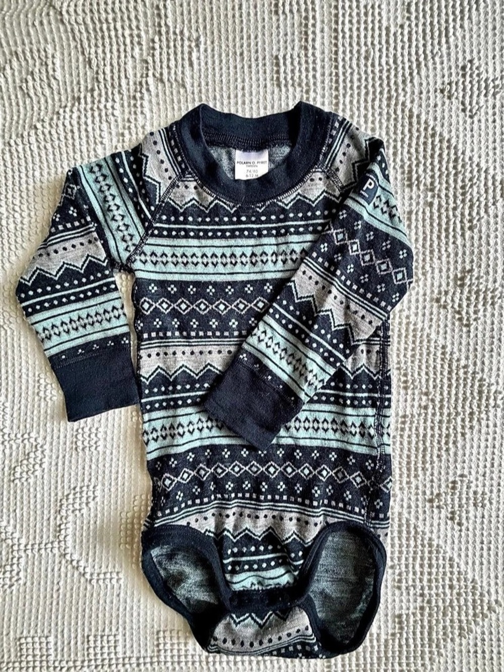 Polarn O. Pyret Merino Wool Fair Isle Bodysuit Blue & Gray 6-12M